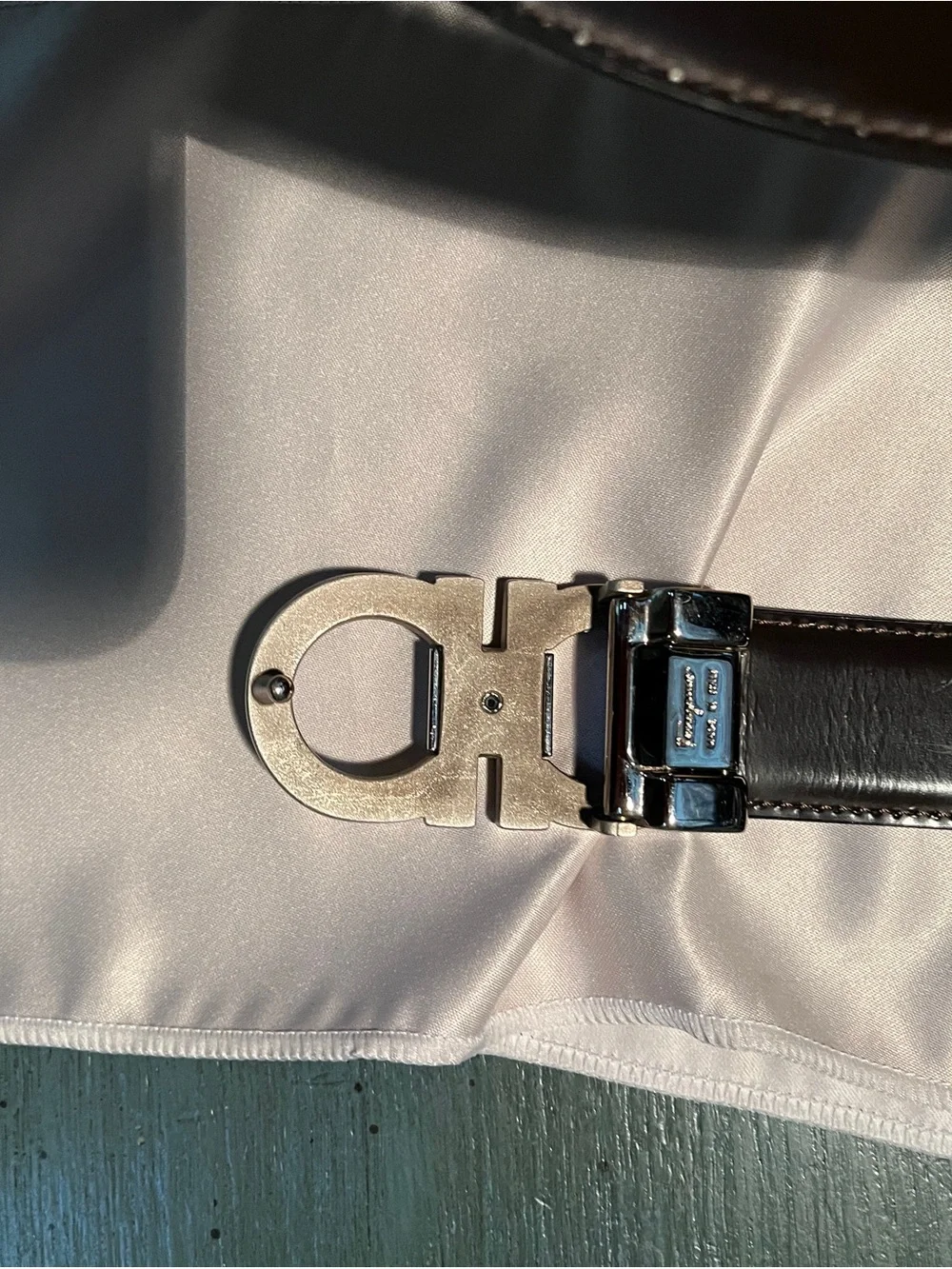 Salvatore Ferragamo Black Leather Belt with Silver Double Gancini Buckle